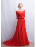 Off Shoulder Beaded Red Lace Tulle Charming Evening Dress